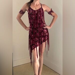 Latin Rhythm Dance Dress for Ballroom Dancesport Competition Showcase - Burgundy